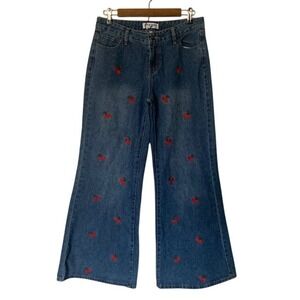 Ashley Mason Cherry Embroidered Wide Leg Baggy Jeans 7/28 Y2K Coquette Fruit EUC